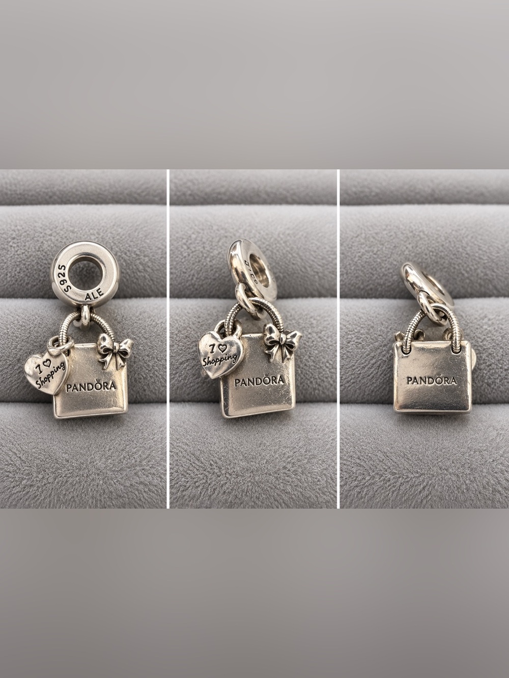 Pandora Silver Shopping Bag Charm with Heart and Bow